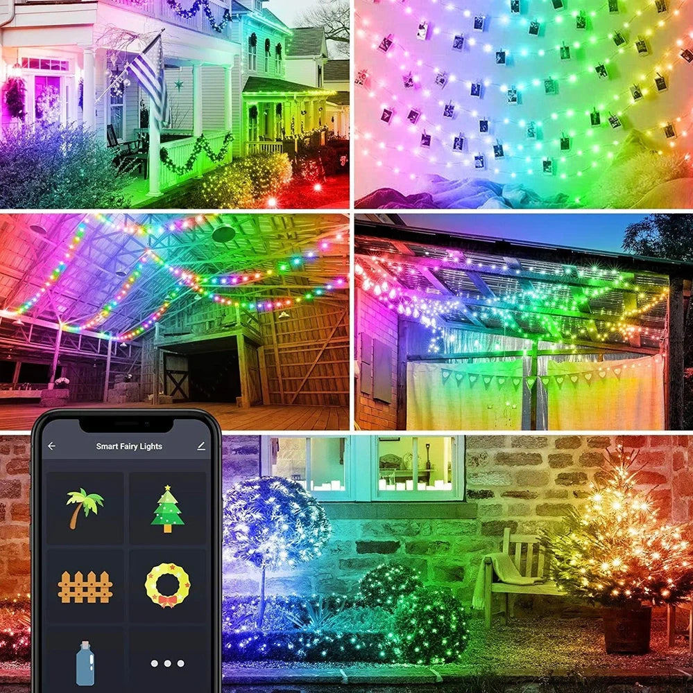 Bluetooth copper wire string lights with 100 LEDs on 10m flexible wire, USB powered with smartphone control