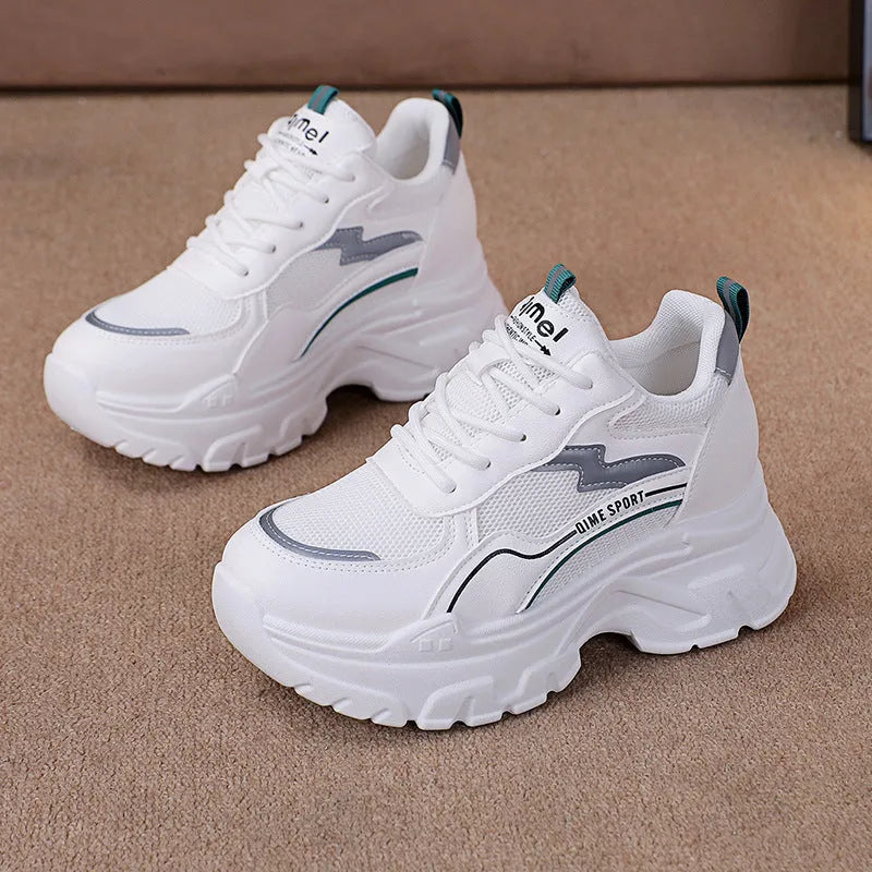 Women's white and beige height increasing dad shoes with lace-up front and rubber sole
