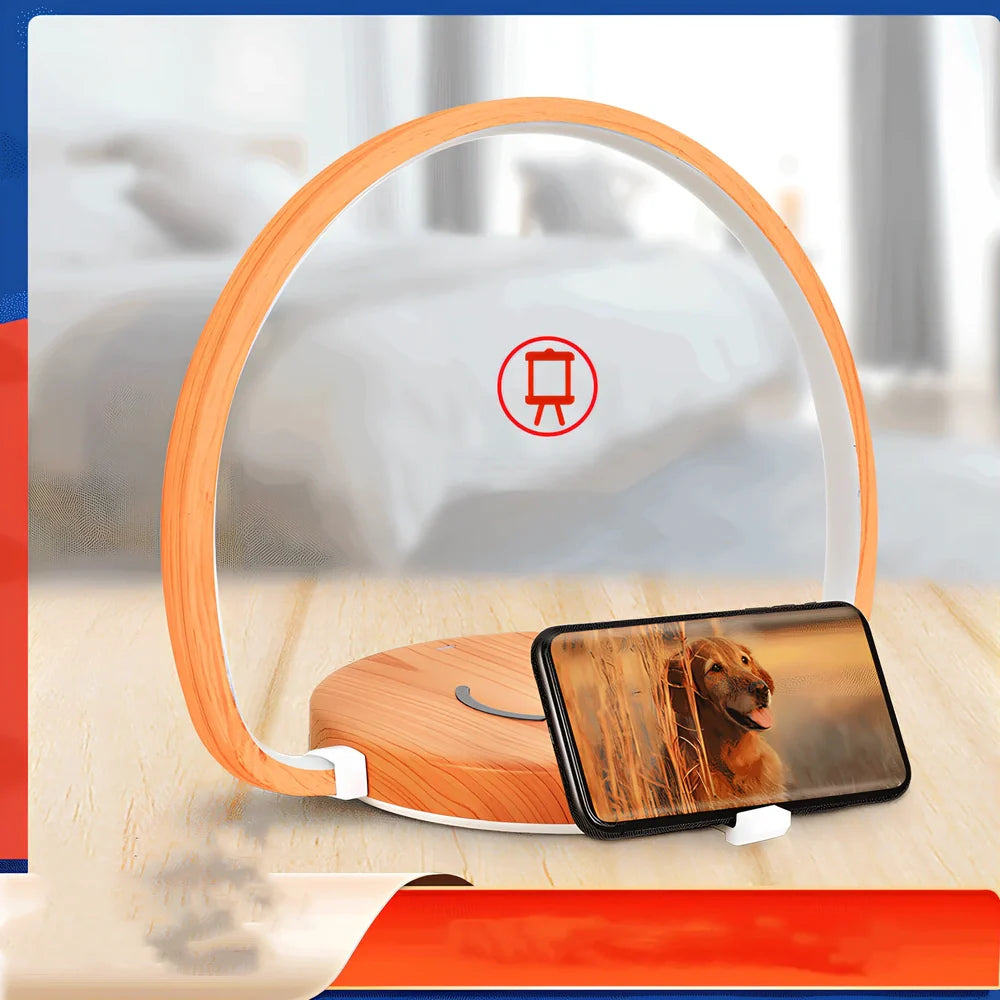 Wooden clock bedside table lamp with touch dimming control and USB power supply in wood grain finish