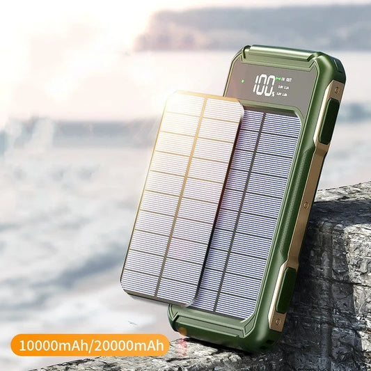 Military-grade mobile power bank showing black, green, and orange colour options with 10000mAh or 20000mAh capacity