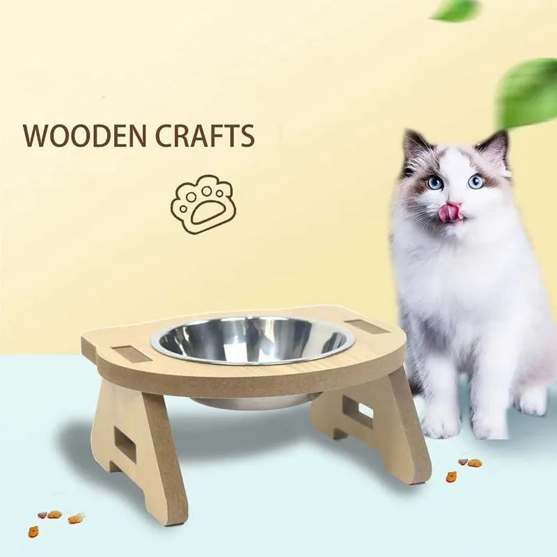 Wooden elevated cat feeder with two stainless steel bowls for food and water.
