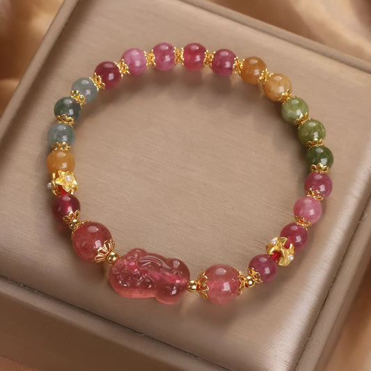 Candy colour tourmaline strawberry quartz pi xiu bracelet with 17cm purity and electroplated finish