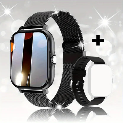 Smart watch with 144-inch touchscreen displaying health metrics, silicone strap, waterproof design for daily activity tracking