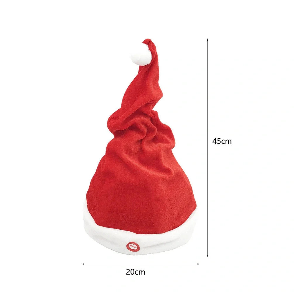 Red electric Christmas plush hat with swinging motion and battery music features