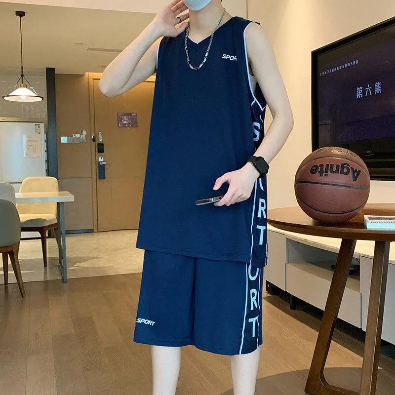Men's thin polyester basketball sports suit consisting of a sleeveless vest and short pants on a hanger.