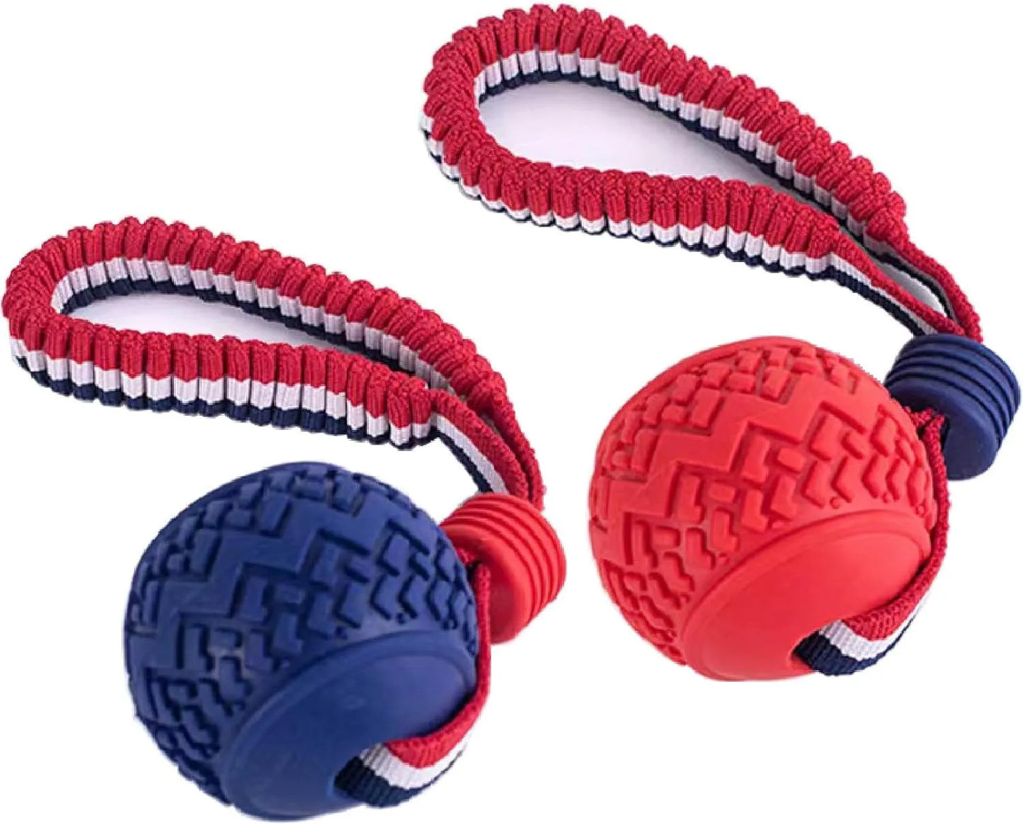 Blue dog ball with rope toy showing 6.5cm textured rubber ball attached to 29cm rope for dental cleaning and tug-of-war