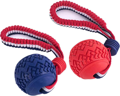 Blue dog ball with rope toy showing 6.5cm textured rubber ball attached to 29cm rope for dental cleaning and tug-of-war