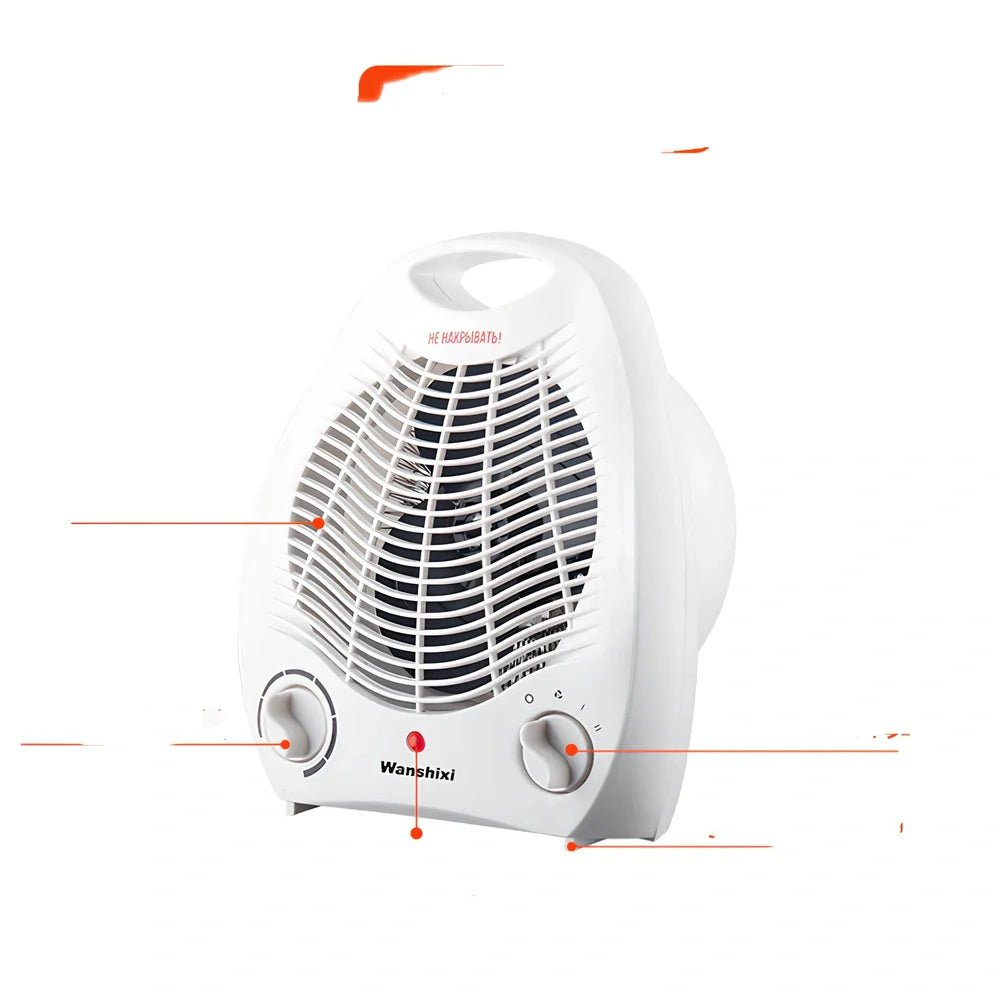 White compact electric heater with mechanical control knob for three-speed operation