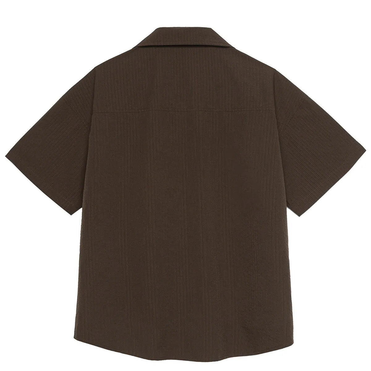 Brown striped Cuban collar short sleeve outdoor shirt made from quick-dry polyester.