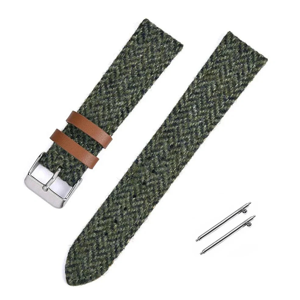 Harris woolen fabric watch strap with stainless steel buckle in blue, brown, khaki or green