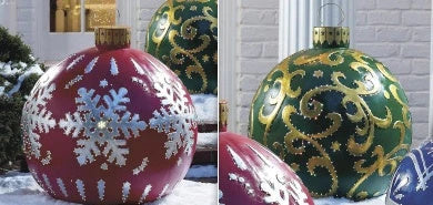 Vibrant, inflatable Christmas ornaments in various holiday designs for outdoor decoration