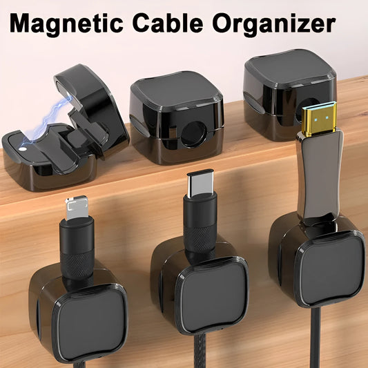 Black and white magnetic cable clips for under desk cable management with adhesive backing