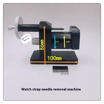 Alloy steel watch strap removal tool for watch repair on a workbench.