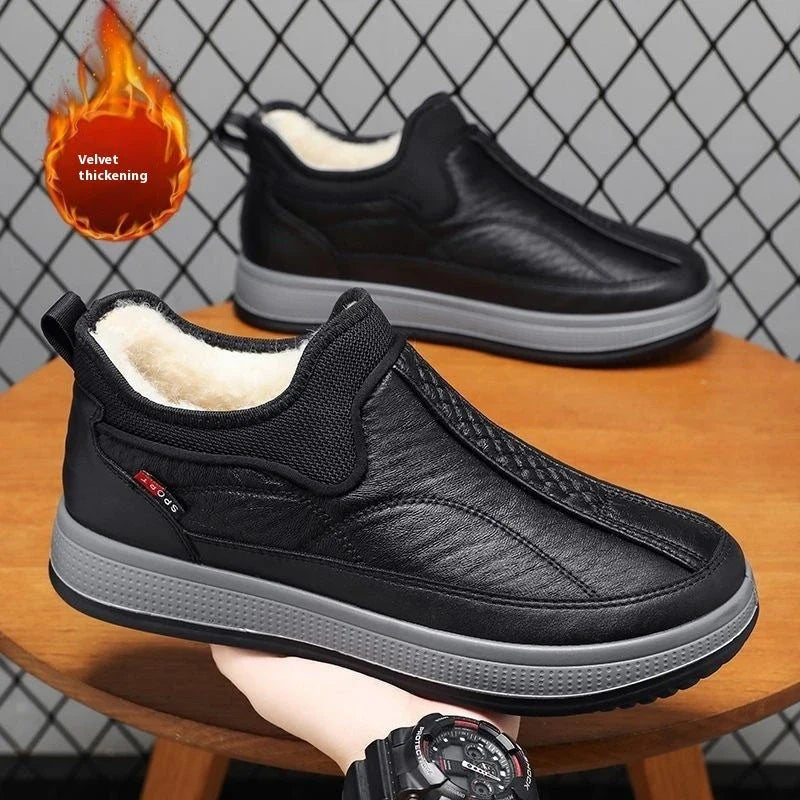 Cozy winter snow boots with fleece lining, round toe, and non-slip platform sole in black and grey colors