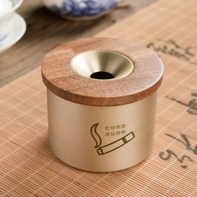 Creative retro brass ashtray with wooden lid on blackwood or rosewood, solid copper body, central hole design
