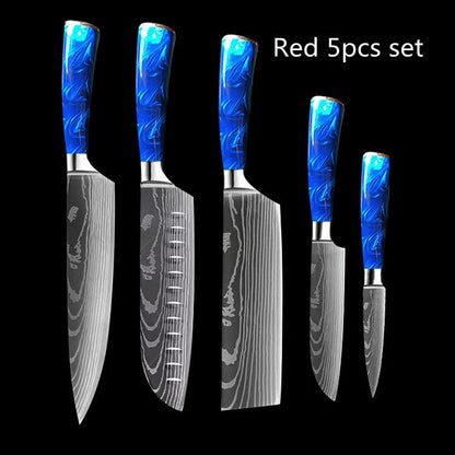 8-inch Chef Knife with vibrant blue resin handle, perfect for precision cutting in the kitchen.