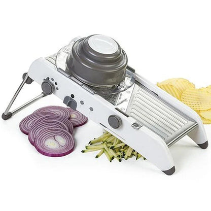 A versatile vegetable chopper with adjustable slicing, shredding, and waffle-cutting blades made of food-grade materials