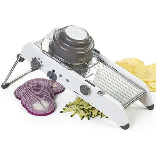 A versatile vegetable chopper with adjustable slicing, shredding, and waffle-cutting blades made of food-grade materials