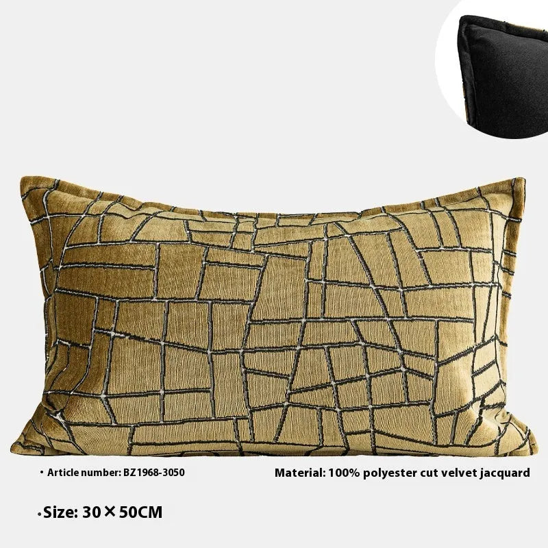 Gold geometric abstract decorative pillow in 50x50cm, 45x45cm, and 30x50cm sizes with polyester cover