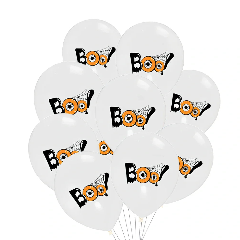 Halloween balloon decoration set with 10 printed latex balloons showing ghost and skeleton designs