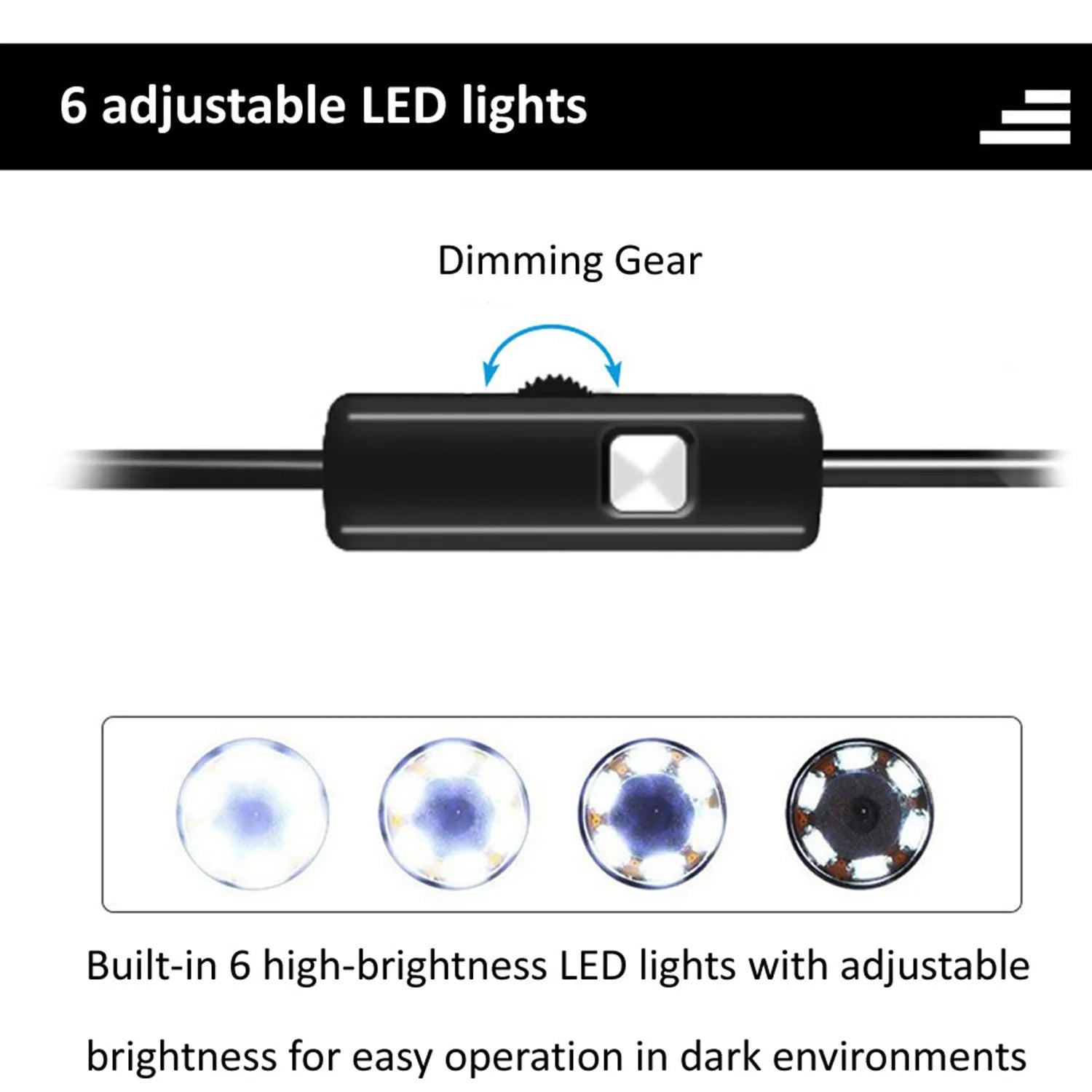 Three in one Type-C USB Android endoscope with 5.5mm probe, side mirror, hook, and magnet attachments on white background