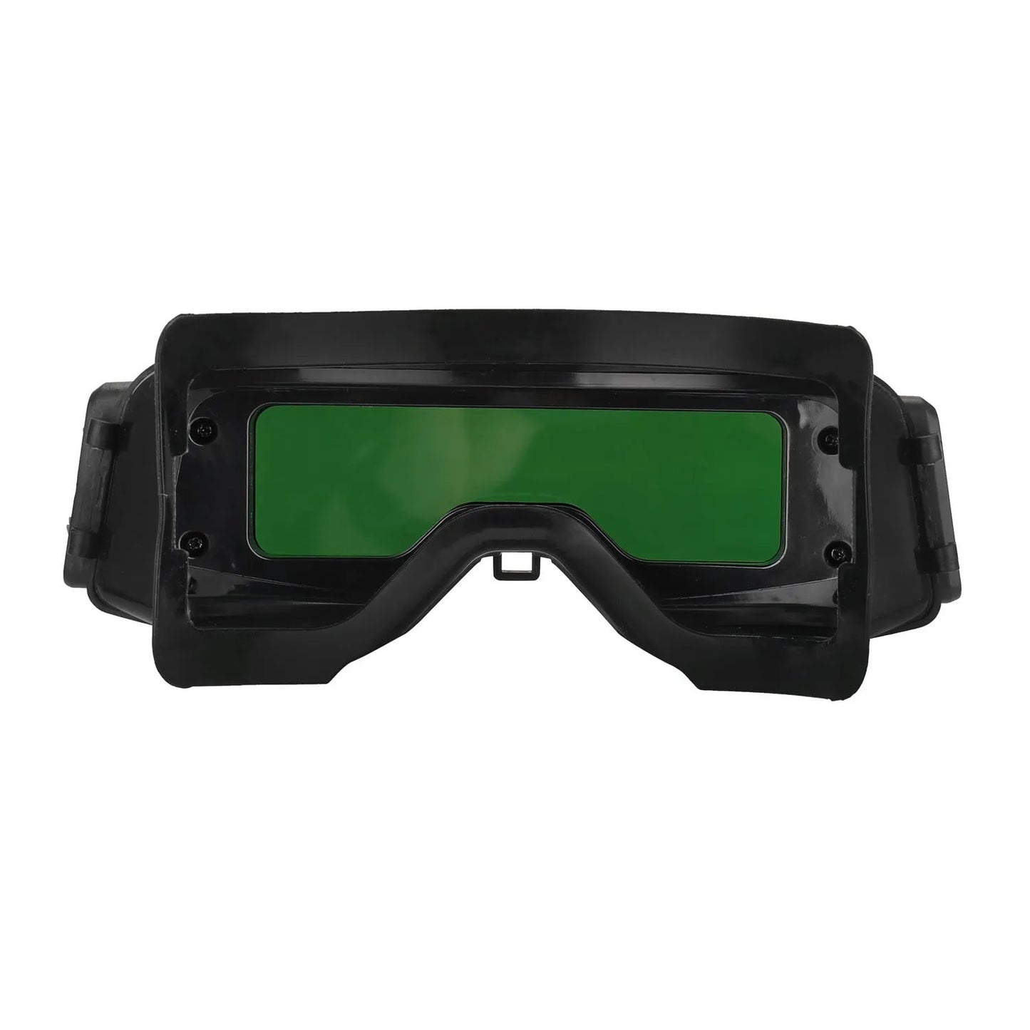 Black automatic welding mask with auto-darkening lens showing 122.5x35mm viewing area and dual sensors