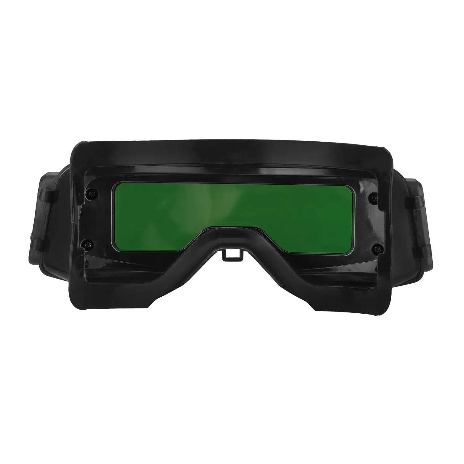 Black automatic welding mask with auto-darkening lens showing 122.5x35mm viewing area and dual sensors