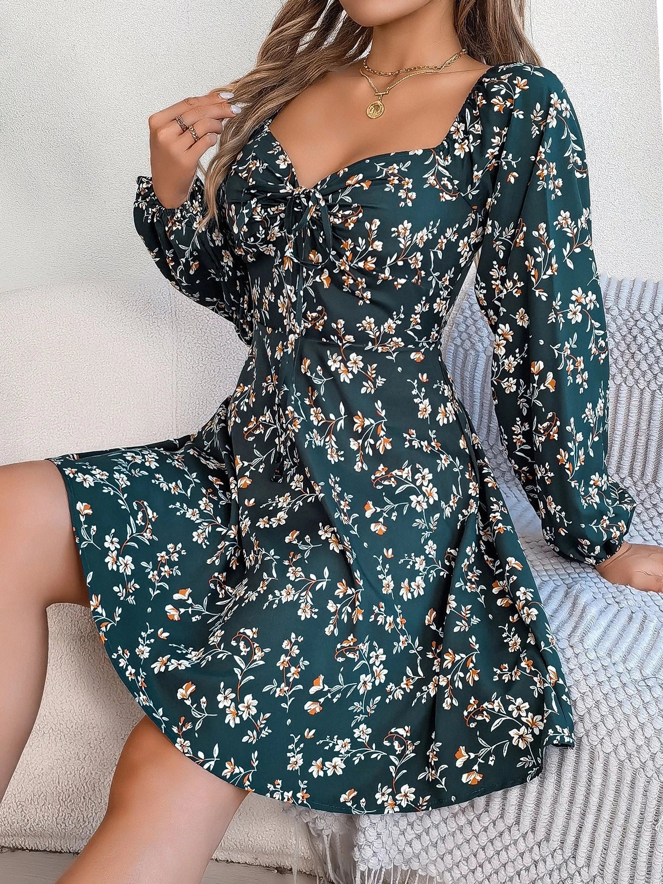 Flirty floral print chiffon dress with lantern sleeves, square neckline, and A-line silhouette