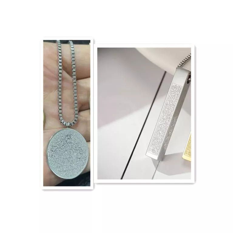 Stainless steel Arabic disc necklace and bracelet set with polished finish and personalized engraving