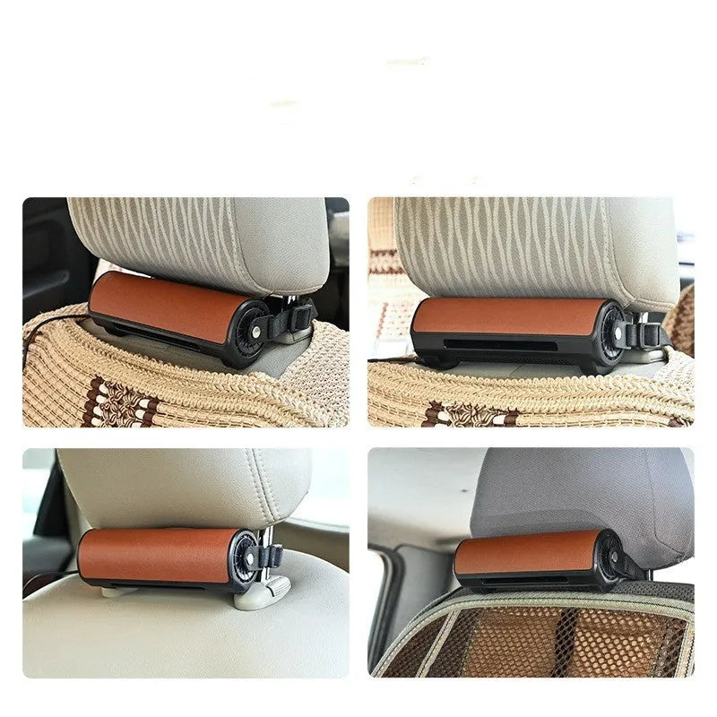 Black bladeless car-mounted fan with USB power cord on a car headrest.