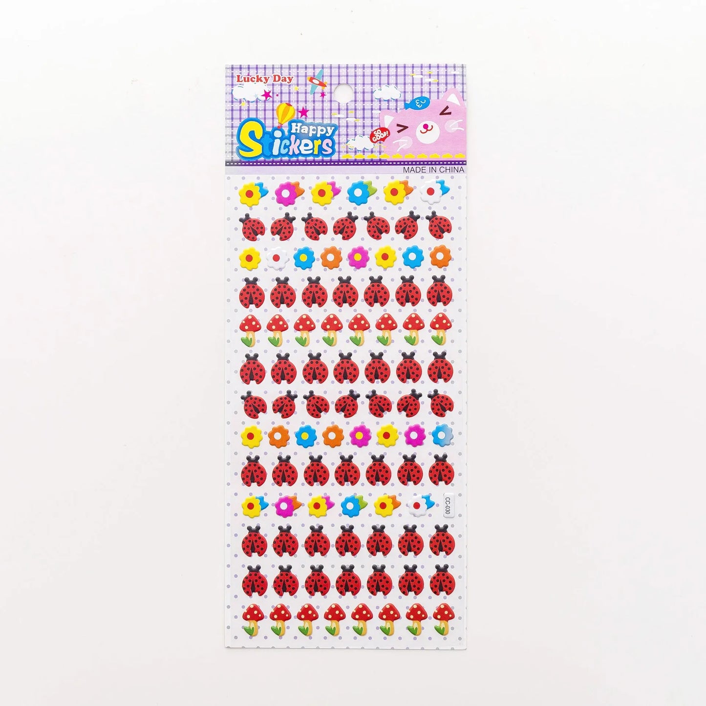 Cartoon three-dimensional bubble stickers showing colourful animal, food and pattern designs for decoration
