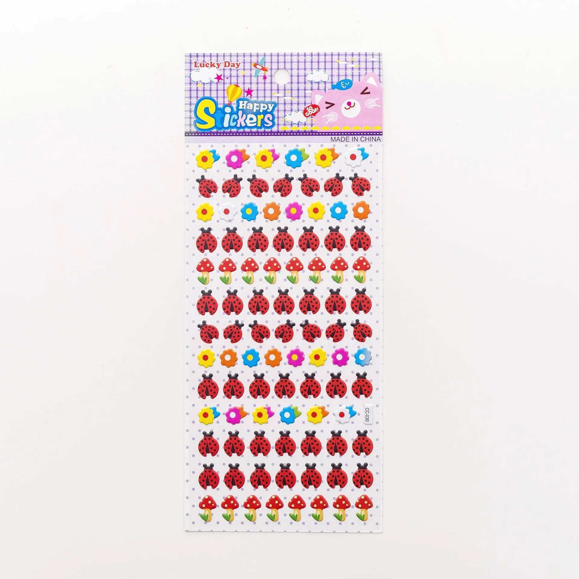 Cartoon three-dimensional bubble stickers showing colourful animal, food and pattern designs for decoration