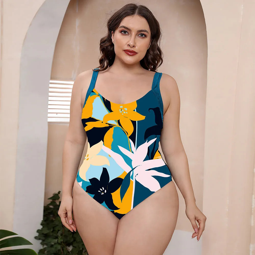 Conservative one-piece swimsuit with vest top and floral print for swimming and hot springs