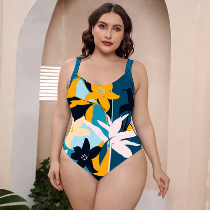 Conservative one-piece swimsuit with vest top and floral print for swimming and hot springs