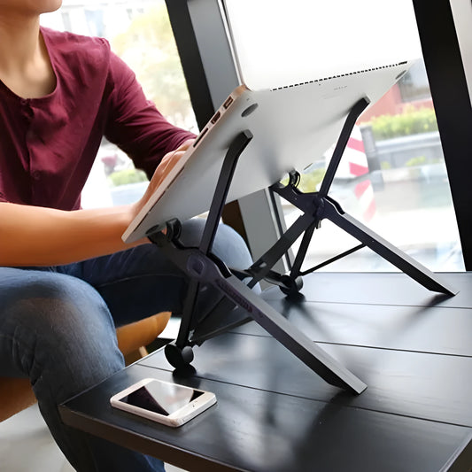 Sagacious black folding laptop stand with carrying case, shown folded and unfolded
