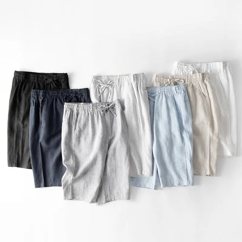 Men's casual thin linen trousers loose beach capris straight-leg pants in white, grey, black, dark blue, linen, light grey, or sky blue, available in sizes S, M, L, XL, and XXL for a relaxed summer fit