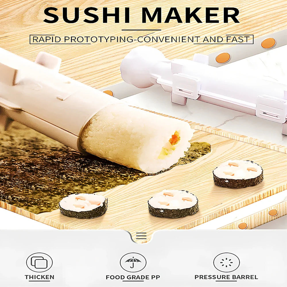Manual sushi maker tool creating 2.5cm diameter rolls with food-grade plastic construction