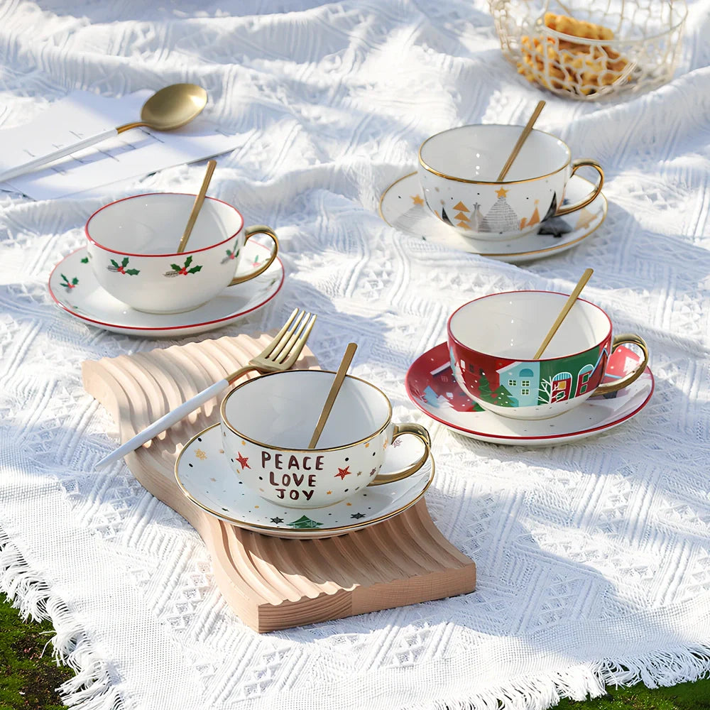 Christmas ceramic cup and saucer set with spoon featuring festive patterns and porcelain construction