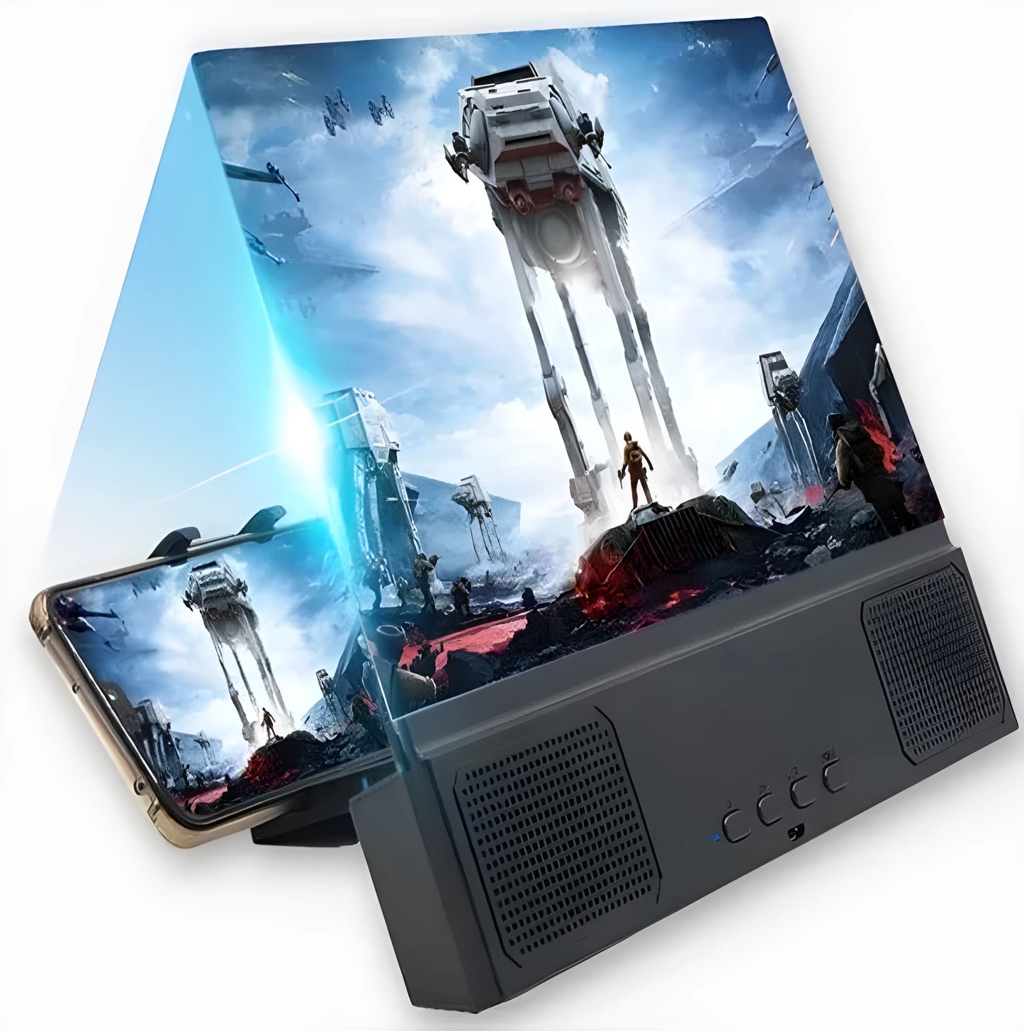 Mobile phone screen amplifier with 12-inch acrylic lens and Bluetooth speaker.