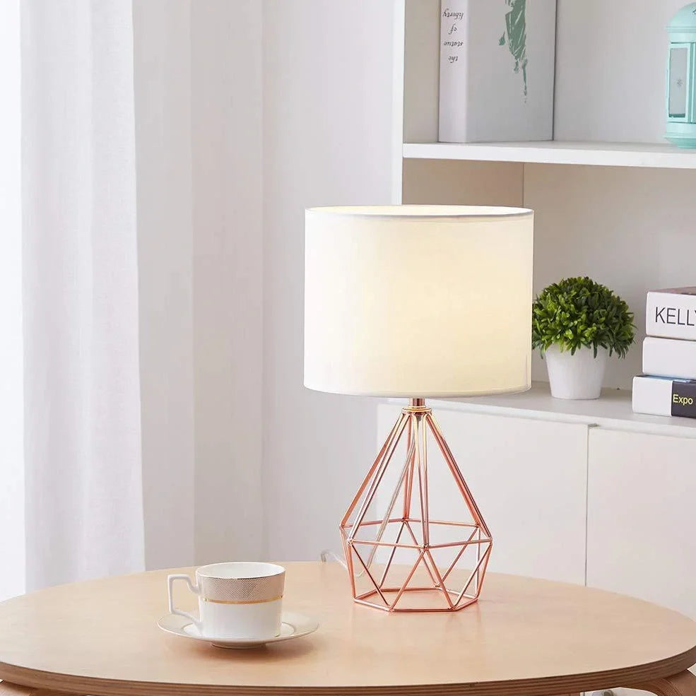 White iron frame table lamp with fabric shade and knob switch, E27 base for LED bulbs