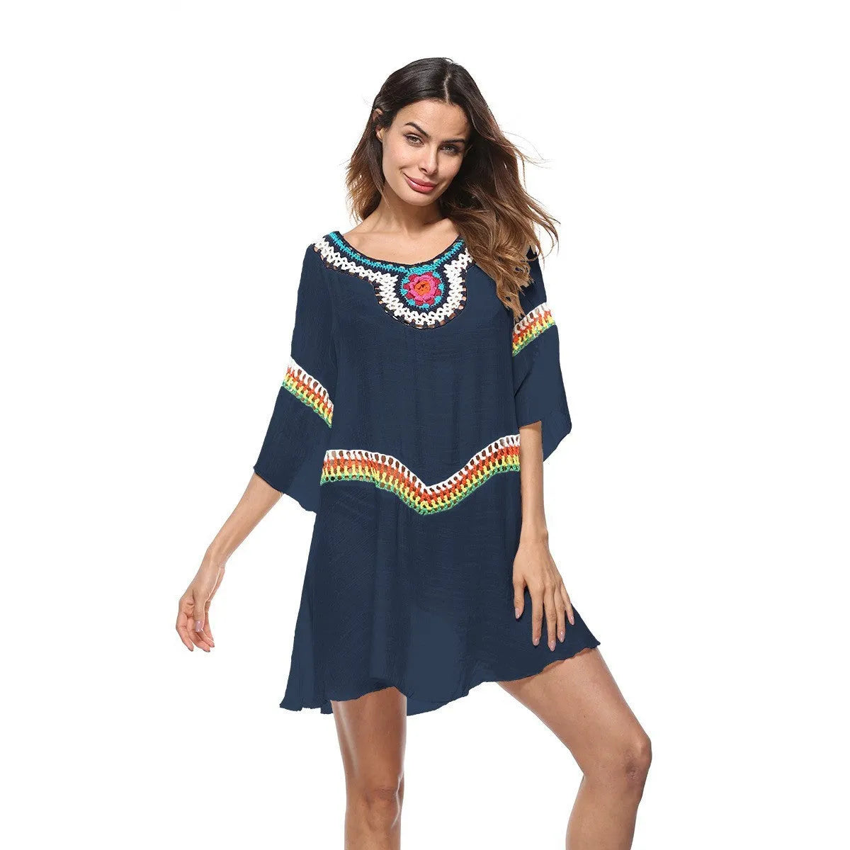 Women's crocheted ethnic style beach cover-up top in apricot colour, for sun protection.