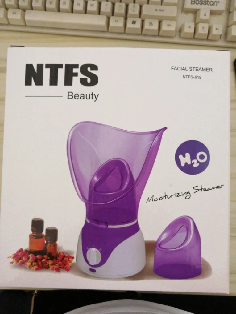 Purple facial steamer with dual conical cones for deep pore cleansing and nasal steam therapy