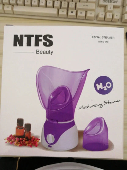 Purple facial steamer with dual conical cones for deep pore cleansing and nasal steam therapy