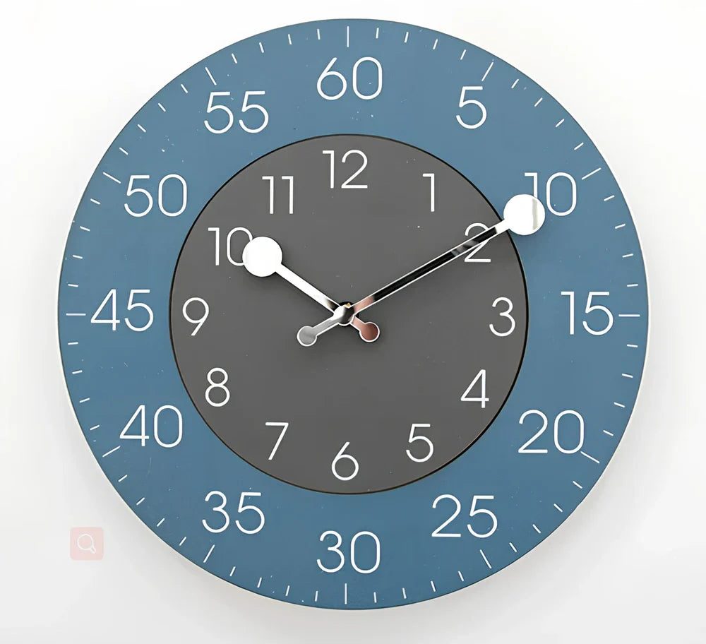 Round decorative wall clock with 30cm diameter in blue, green, grey, orange, red, or yellow colour options