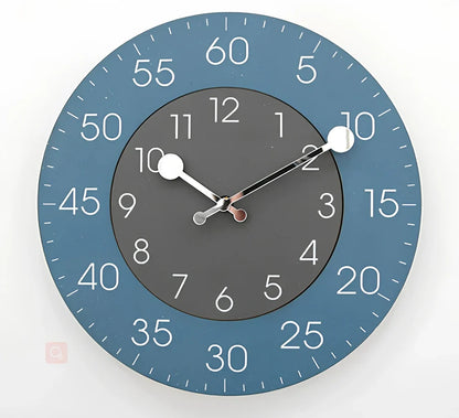 Round decorative wall clock with 30cm diameter in blue, green, grey, orange, red, or yellow colour options
