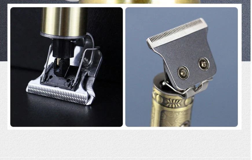 Professional hair clippers with USB charging stand, spare battery, and cleaning tools on salon counter