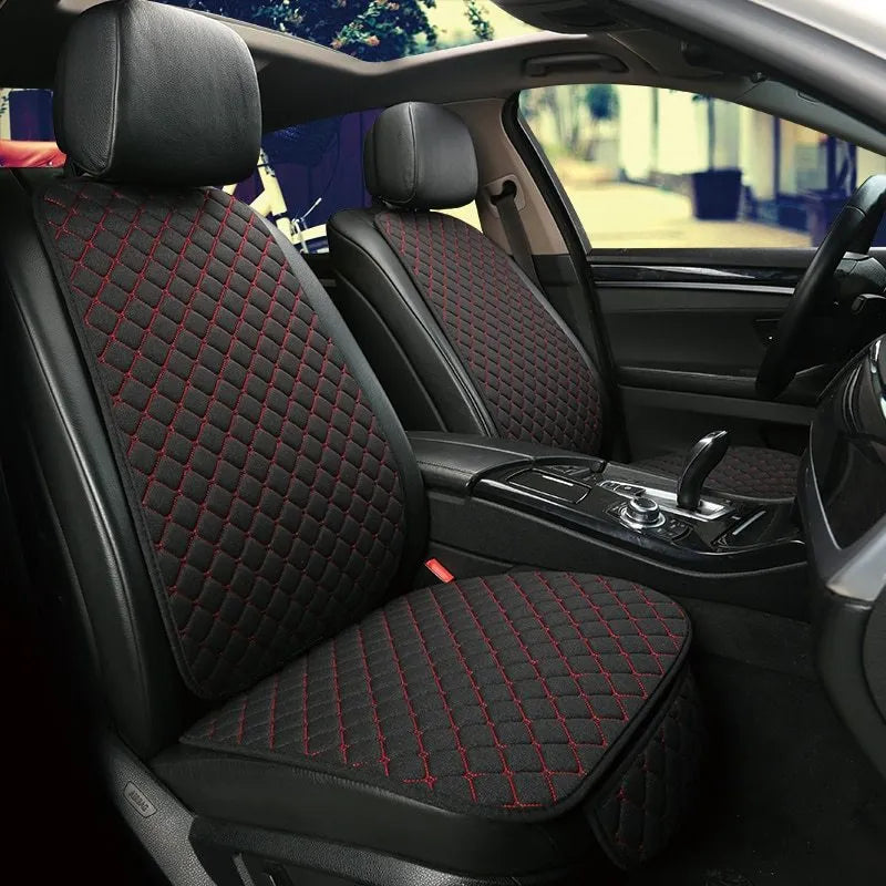 Flax linen car seat cover protector in beige, black, red and brown, with cushion and five-seat style options.