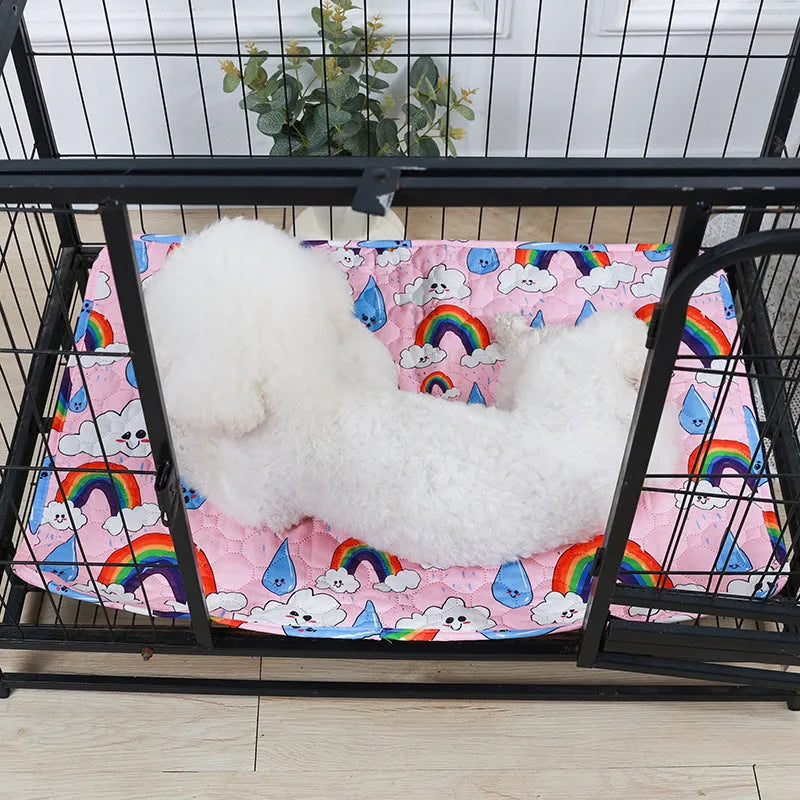Reusable cloth pet urine pad with animal print and waterproof non-slip backing in various sizes.
