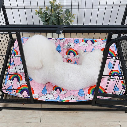 Reusable cloth pet urine pad with animal print and waterproof non-slip backing in various sizes.