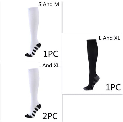 Athletic compression socks with three-bar design in black, pink, and white